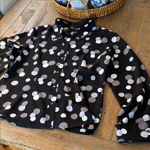 New York & Company Black Blouse with White and Gray Circles